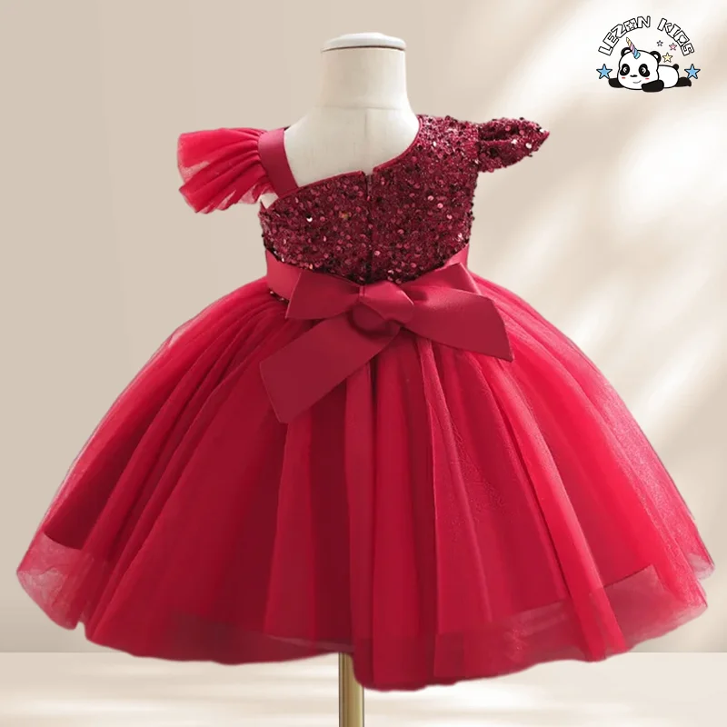 LEZONKIDS - Vestido Luxuoso Vermelho de Manga Curta com Lantejoulas para Meninas, para Casamento de Verão